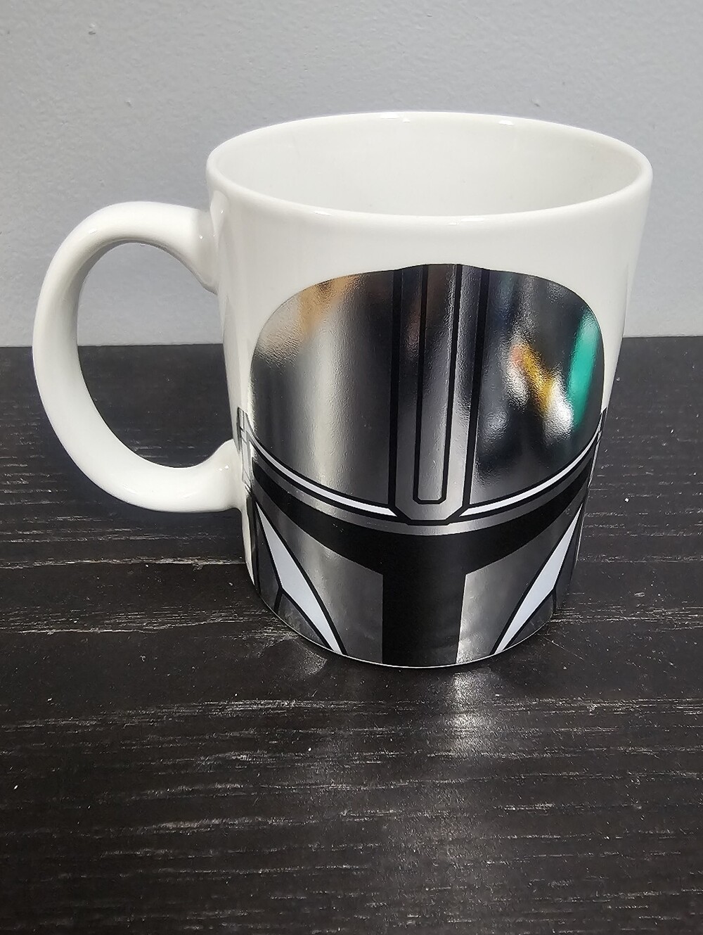 Star Wars Mandalorian White Ceramic Mug with Black and Silver Helmet Graphic